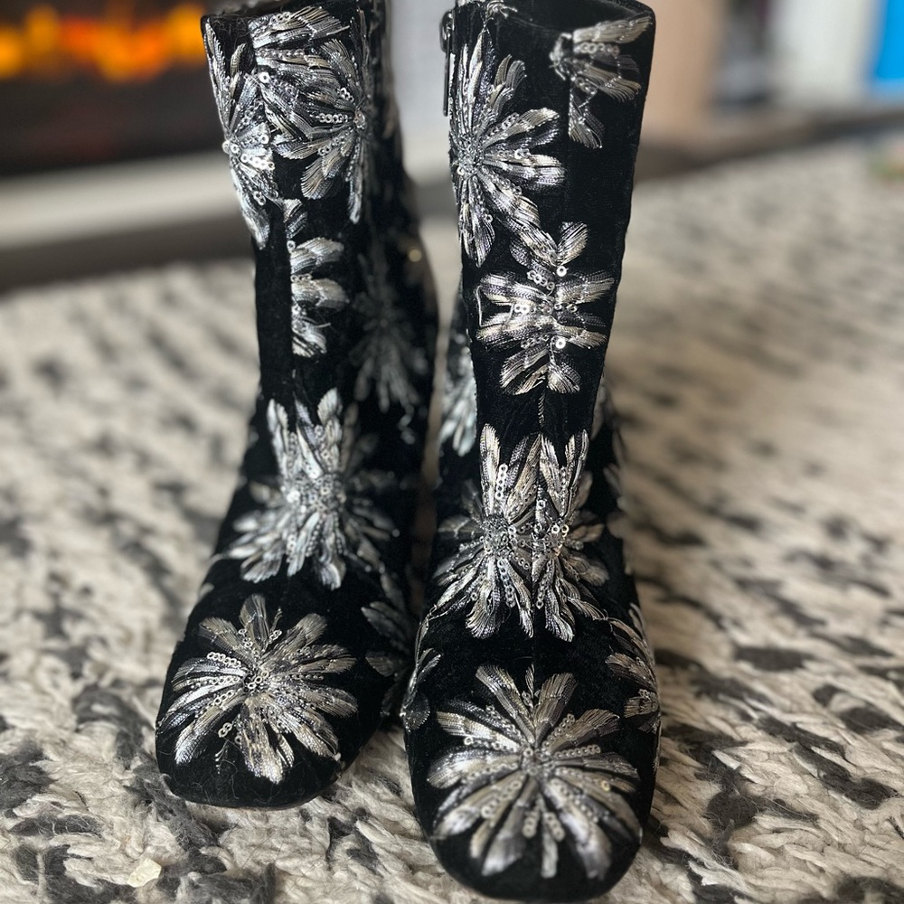 Marc Fisher black velvet ankle boots with sequins and embroidered silver